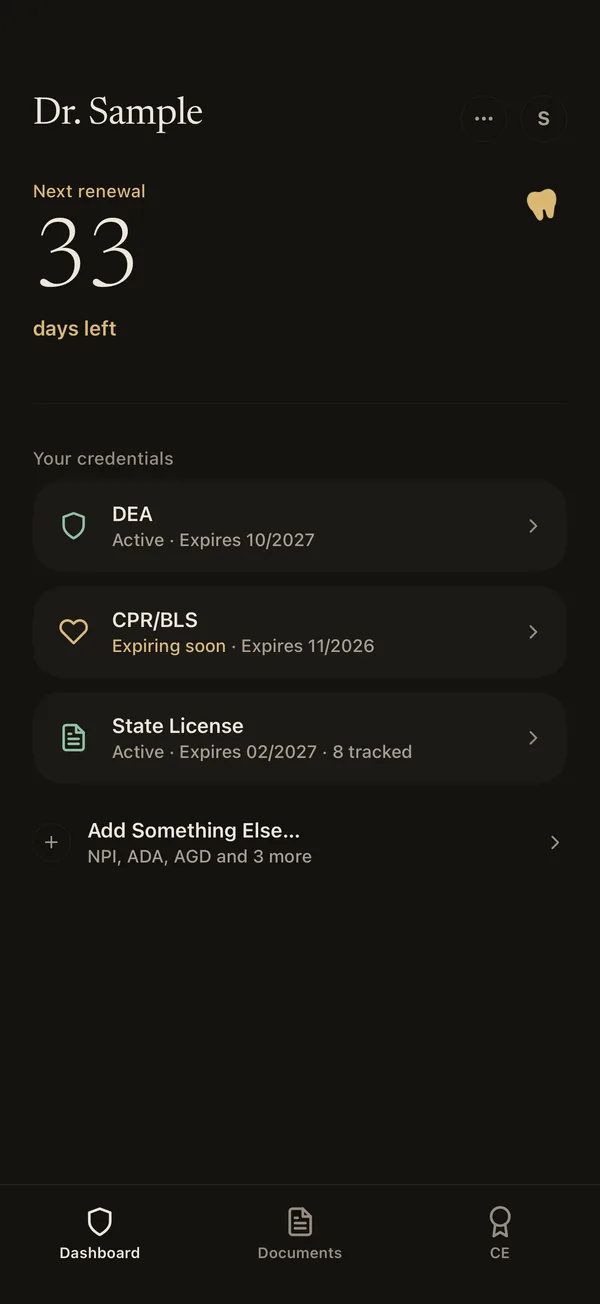 The DentKey dashboard for Dr. Sample, with 33 days until the next renewal and DEA, CPR and state license cards
