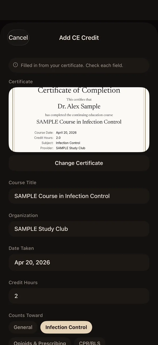 The Add CE Credit form, filled in from a sample certificate with the course, organization, date and hours